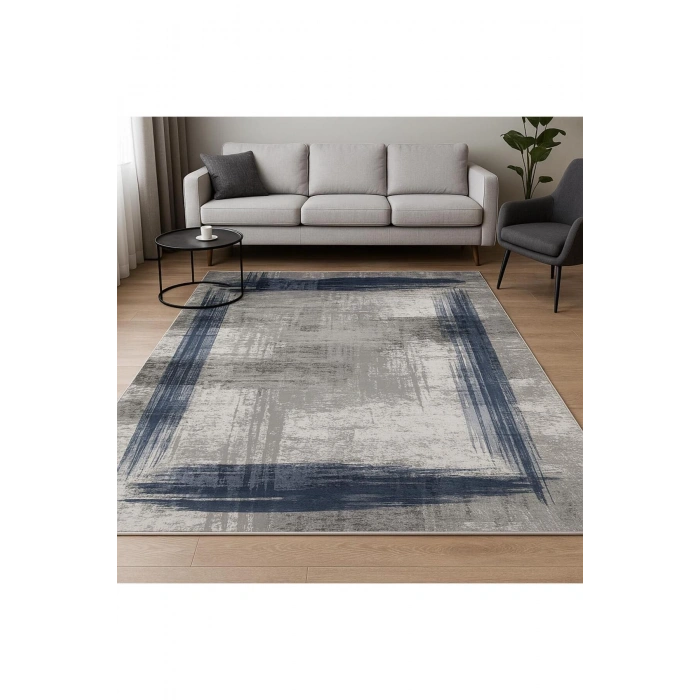 Gri Zemin Mavi Çerçeve Modern Halı Dekoratif Kilim