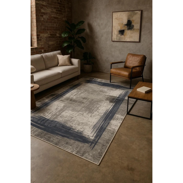 Gri Zemin Mavi Çerçeve Modern Halı Dekoratif Kilim