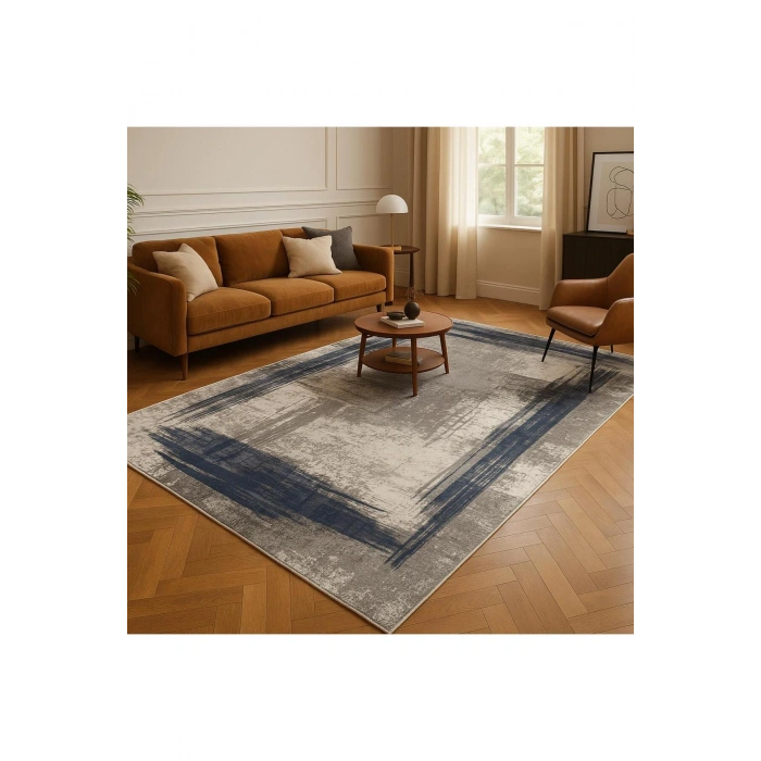Gri Zemin Mavi Çerçeve Modern Halı Dekoratif Kilim