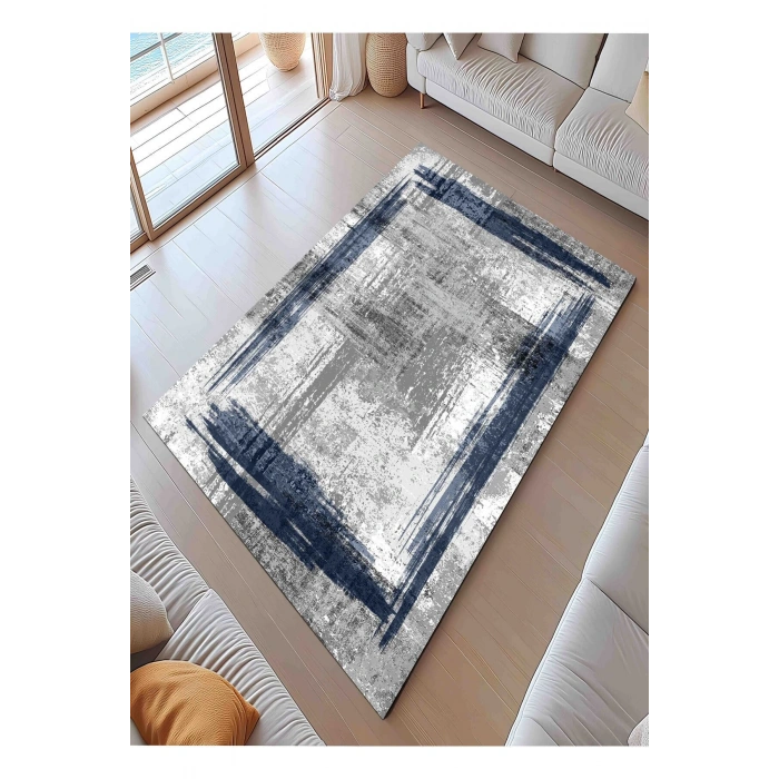 Gri Zemin Mavi Çerçeve Modern Halı Dekoratif Kilim