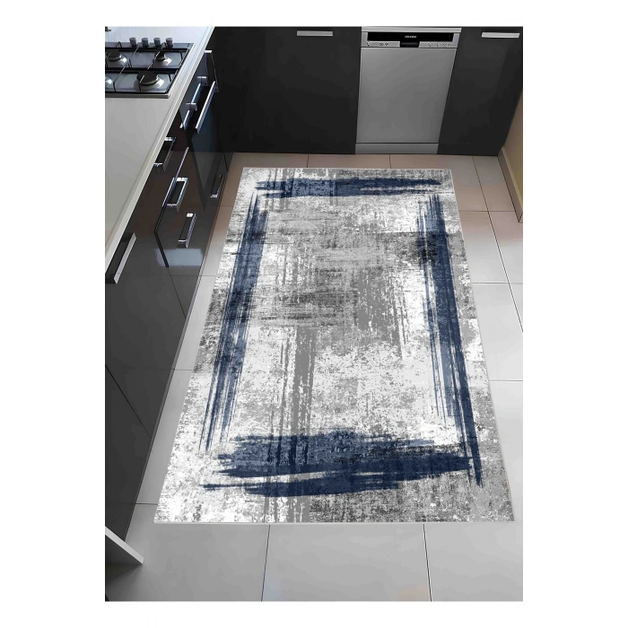 Gri Zemin Mavi Çerçeve Modern Halı Dekoratif Kilim