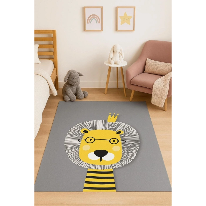 Gri Aslan Figürlü Çocuk Odası Halısı