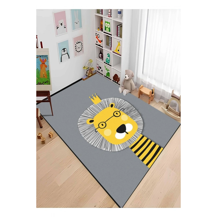 Gri Aslan Figürlü Çocuk Odası Halısı