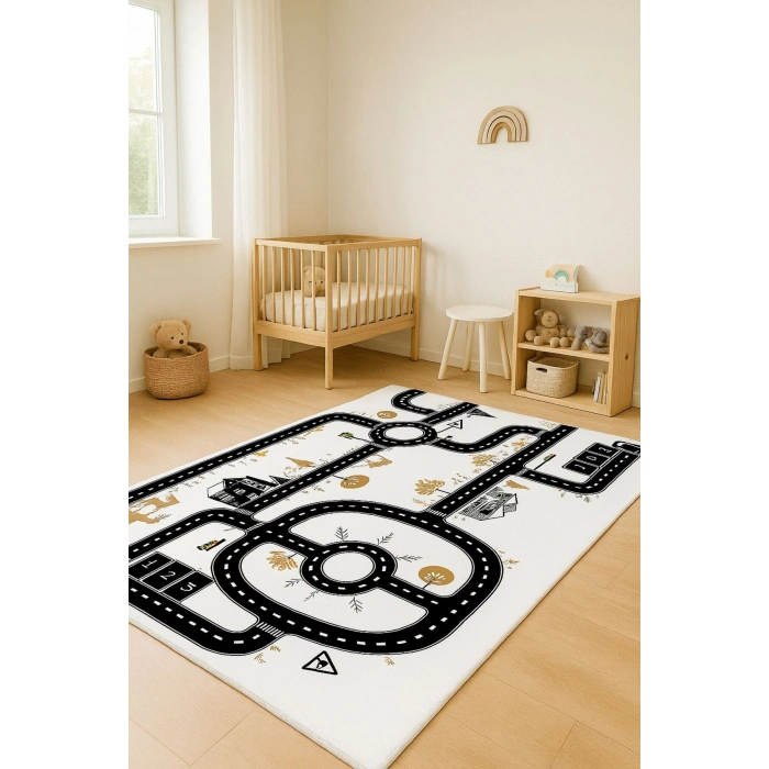 Siyah Yol Şeritli Çocuk Odası Oyun Halısı