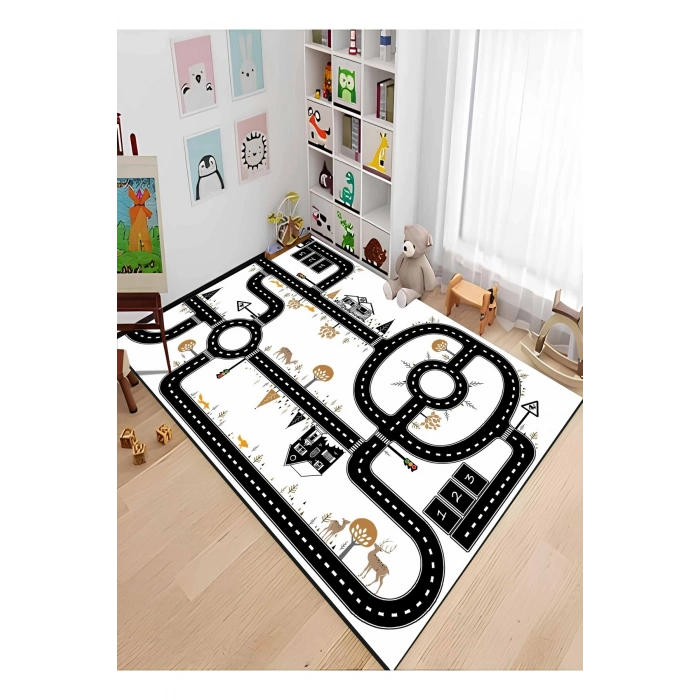 Siyah Yol Şeritli Çocuk Odası Oyun Halısı