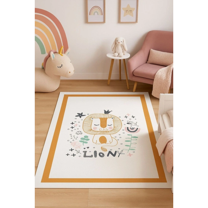 Turuncu Çerçeve Sevimli Aslan Çocuk Odası Halısı