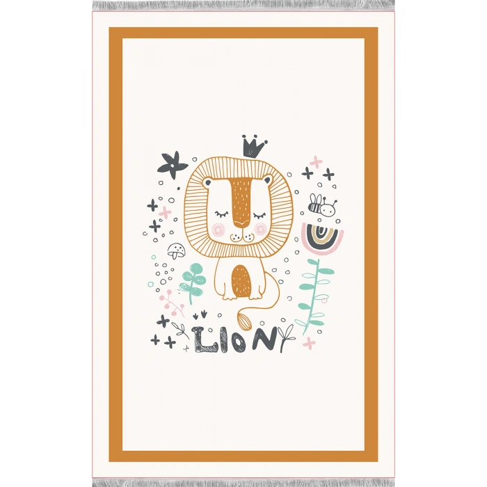 Turuncu Çerçeve Sevimli Aslan Çocuk Odası Halısı