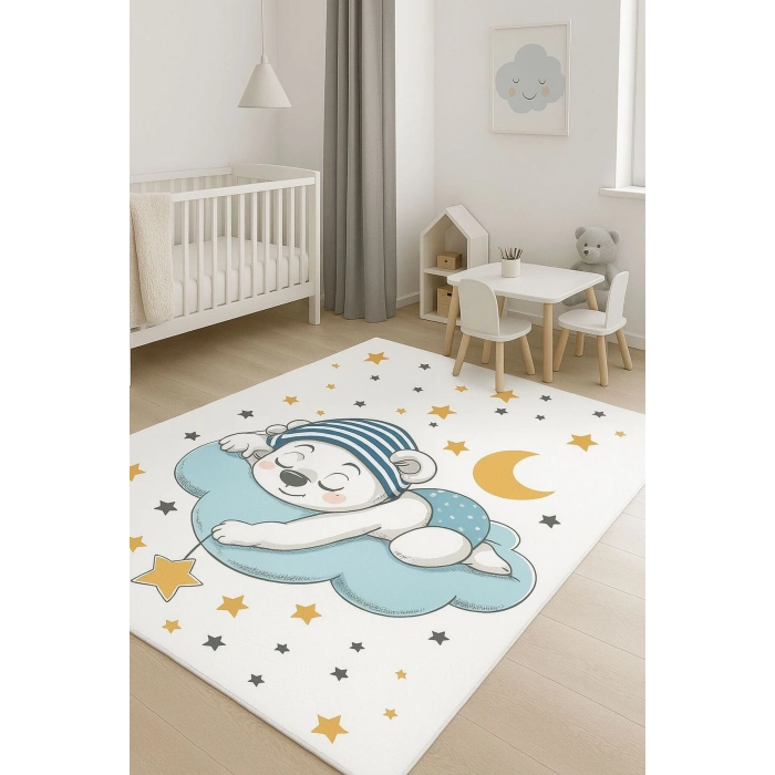 Uyuyan Ayıcık ve Yıldızlar Çocuk Odası Halısı