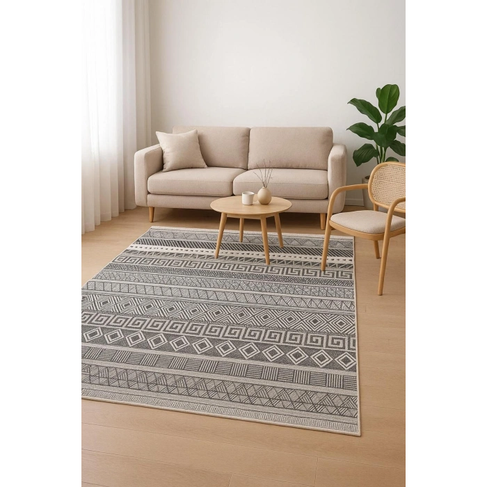 Gri Renk Etnik Desen Modern Halı Dekoratif Kilim