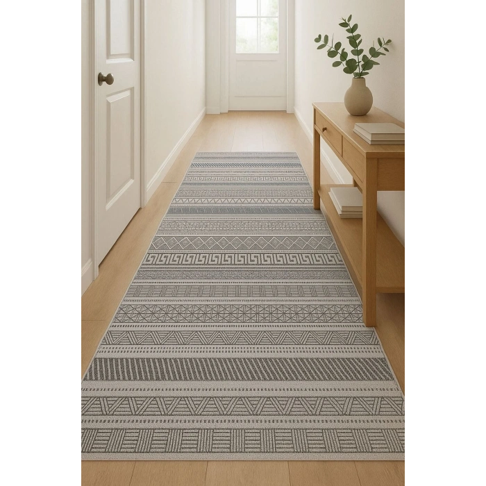Gri Renk Etnik Desen Modern Halı Dekoratif Kilim