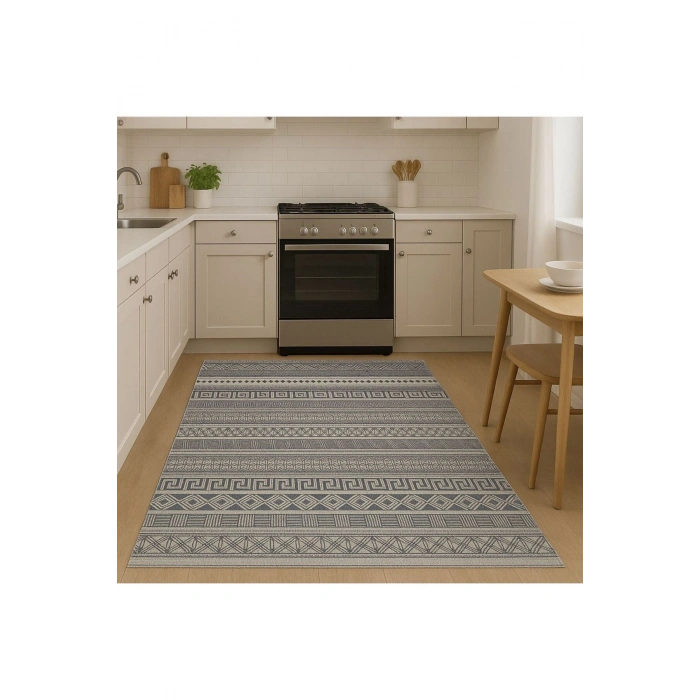Gri Renk Etnik Desen Modern Halı Dekoratif Kilim