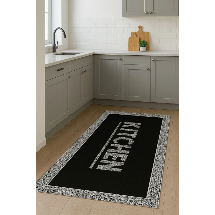 Siyah Renk Kitchen Mutfak Halısı Dekoratif Kilim