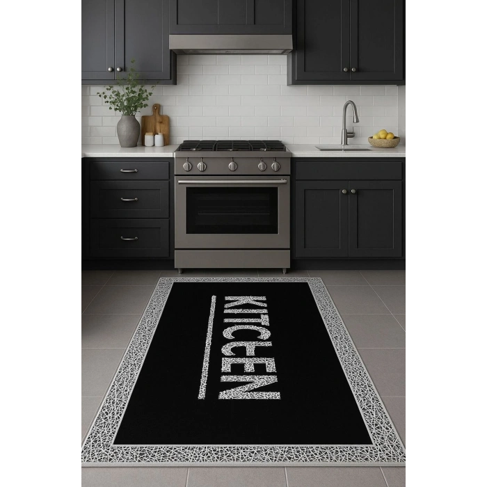 Siyah Renk Kitchen Mutfak Halısı Dekoratif Kilim