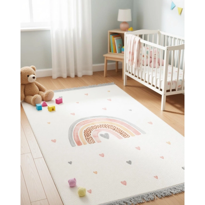 Gökkuşağı ve Renkli Kalpler Çocuk Odası Halısı