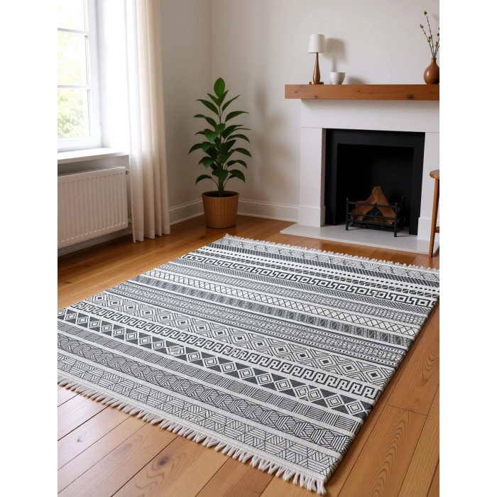 Gri Renk Etnik Desen Modern Halı Dekoratif Kilim