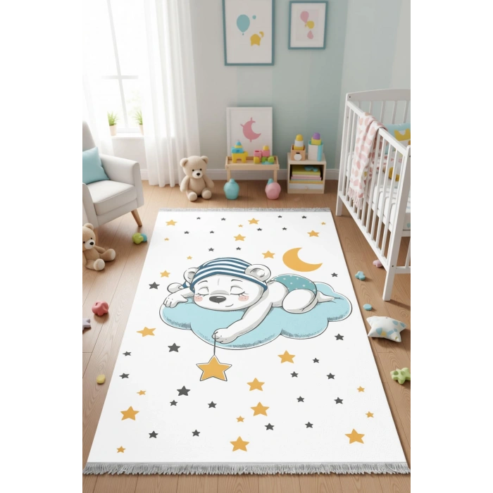 Uyuyan Ayıcık ve Yıldızlar Çocuk Odası Halısı