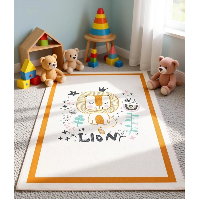 Turuncu Çerçeve Sevimli Aslan Çocuk Odası Halısı
