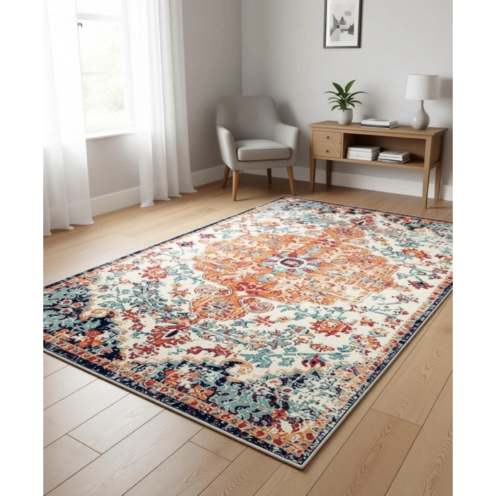 Vintage Desen Turuncu Mavi Renk Modern Halı Dekoratif Kilim