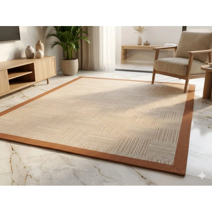 BLG Home Lüks Kumaş Bordürlü Tasarım Leke Tutmaz Silinebilir Sisal Halı 6016