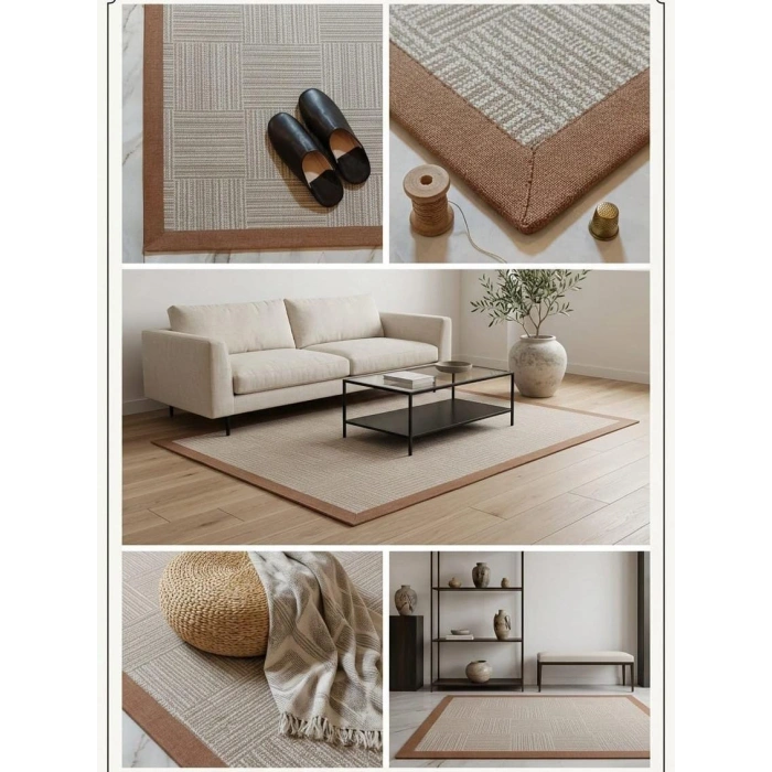 BLG Home Lüks Kumaş Bordürlü Tasarım Leke Tutmaz Silinebilir Sisal Halı 6016