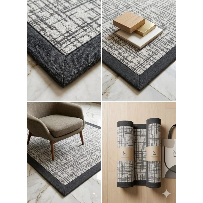 BLG Home Lüks Kumaş Bordürlü Tasarım Leke Tutmaz Silinebilir Sisal Halı 6005 Gri-Antrasit