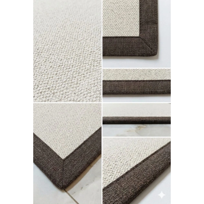 BLG Home Lüks Kumaş Bordürlü Tasarım Leke Tutmaz Silinebilir Sisal Halı 6008 Krem-Kahve