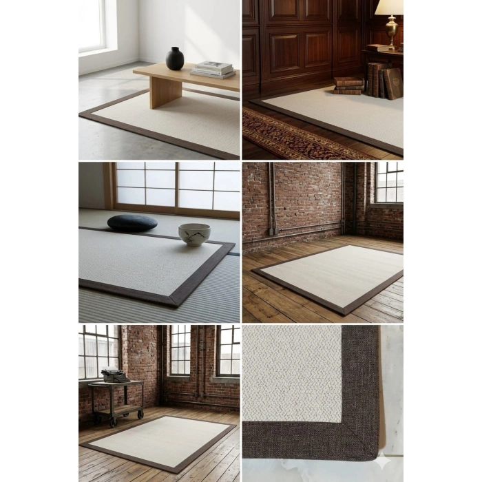 BLG Home Lüks Kumaş Bordürlü Tasarım Leke Tutmaz Silinebilir Sisal Halı 6008 Krem-Kahve