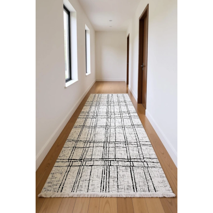 Blghome Dekoratif Halı Krem Renk Siyah Çizgi Detaylı