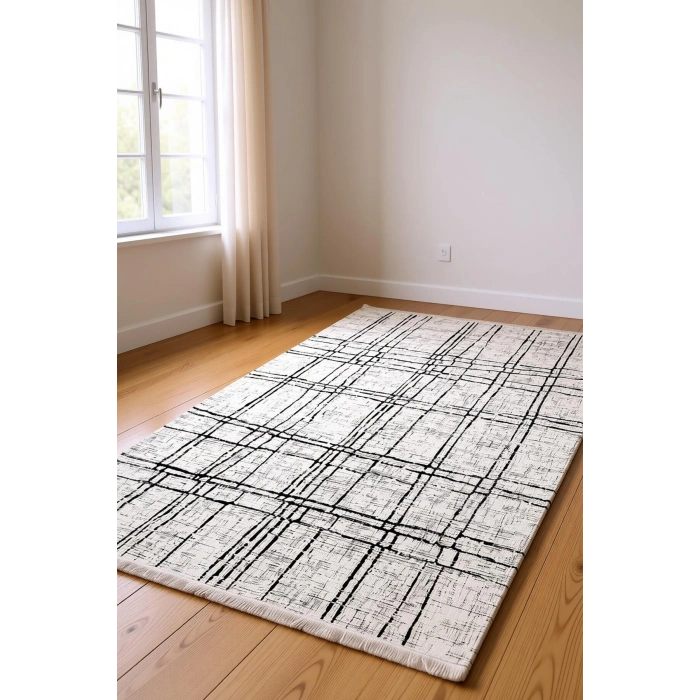 Blghome Dekoratif Halı Krem Renk Siyah Çizgi Detaylı