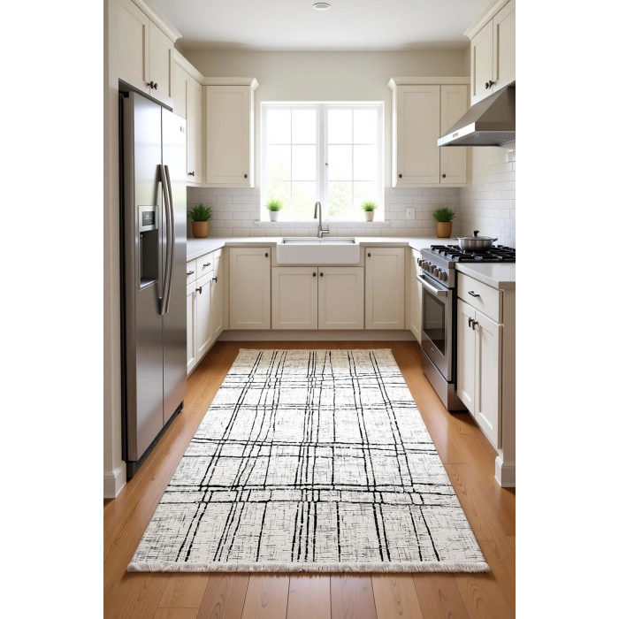 Blghome Dekoratif Halı Krem Renk Siyah Çizgi Detaylı