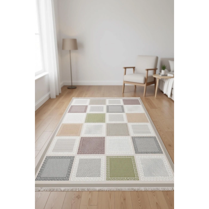 Blghome Pastel Renk Kare Desen Dekoratif Halı