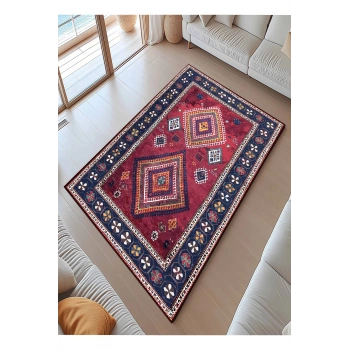 Çerçeve Motif Detaylı Etnik Desen Renk Uyum Modern Halı Dekoratif Kilim