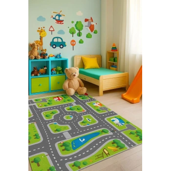 Yeşil Renk Şeritli Yol Çocuk Odası Oyun Halısı