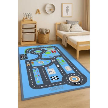Mavi ve Gri Renk Şeritli Yol Çocuk Odası Halısı