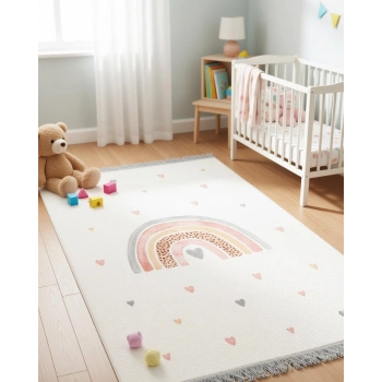 Gökkuşağı ve Renkli Kalpler Çocuk Odası Halısı