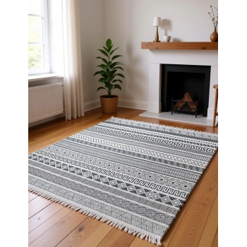Gri Renk Etnik Desen Modern Halı Dekoratif Kilim