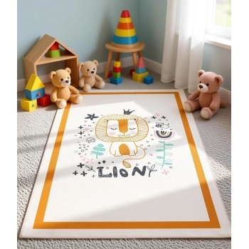 Turuncu Çerçeve Sevimli Aslan Çocuk Odası Halısı