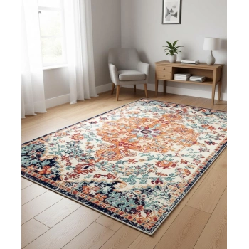 Vintage Desen Turuncu Mavi Renk Modern Halı Dekoratif Kilim