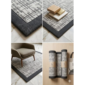 BLG Home Lüks Kumaş Bordürlü Tasarım Leke Tutmaz Silinebilir Sisal Halı 6005 Gri-Antrasit