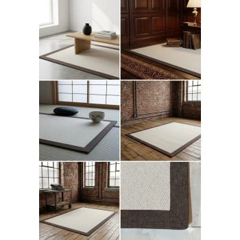 BLG Home Lüks Kumaş Bordürlü Tasarım Leke Tutmaz Silinebilir Sisal Halı 6008 Krem-Kahve