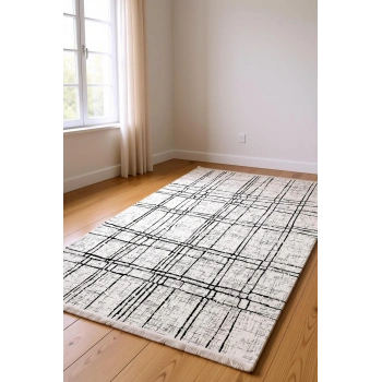 Blghome Dekoratif Halı Krem Renk Siyah Çizgi Detaylı