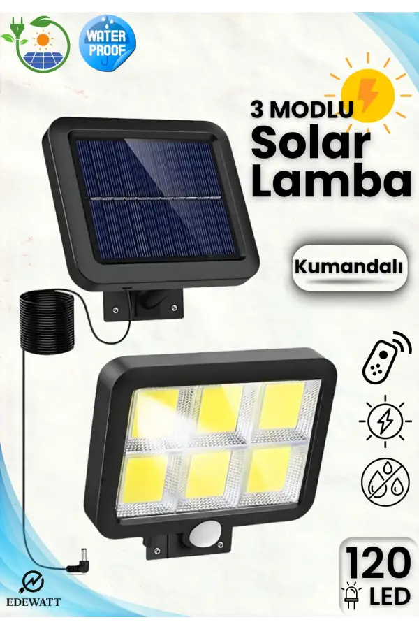 120 LED Ayrı Solar Panel Güneş Enerjili 3 Mod Duvar Lambası 5 METRE Kablolu Bahçe Aydınlatma