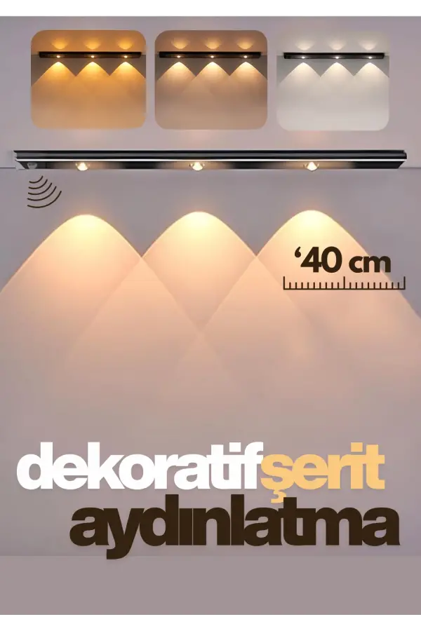 Sensörlü Şarjlı Dekoratif Gece Lambası Mutfak Geçmeli 3 Farklı Işık Rengi 40cm ŞERİT LED