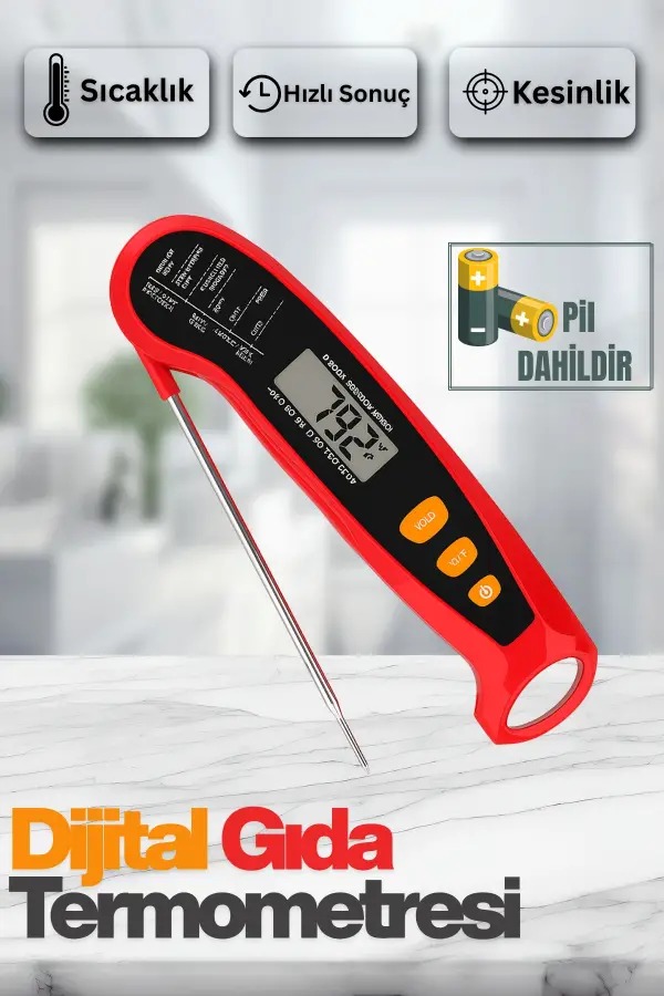 Paslanmaz Çelik Problu Dijital Mutfak Yemek Termometresi Sıcaklık Ölçer Hızlı Ölçüm PİL DAHİLDİR