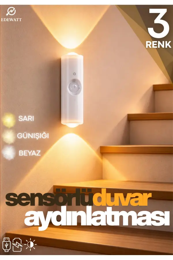 Hareket Sensörlü Usb Şarj Edilebilir Çift Taraflı Üç Renk Led Gece Lambası Dolap İçi Koridor