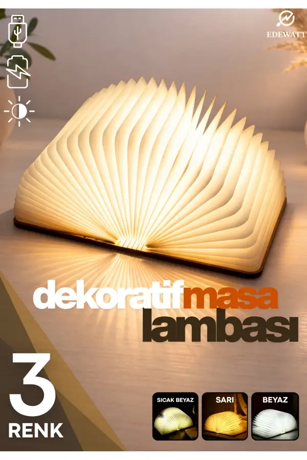 Kitap Şeklinde Masa Lambası 3 Renk Usb Şarj Edilebilir