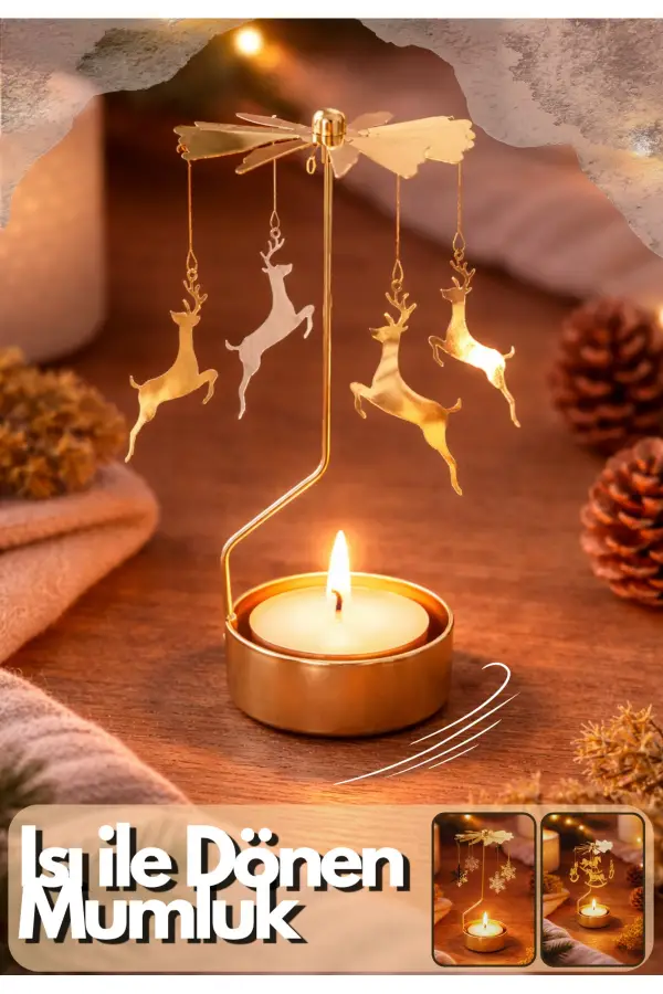 Dekoratif Isı ile Dönen Mumluk Gold Metal Ev Dekoru Geyik Hediyelik Şık Tasarım