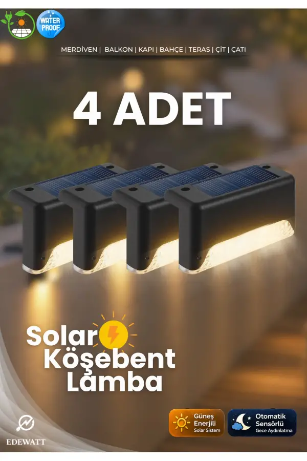 4 Adet L Solar Led Güneş Enerjili Su Geçirmez Köşebent Led Işık Merdiven Veranda Bahçe Aydınlatma