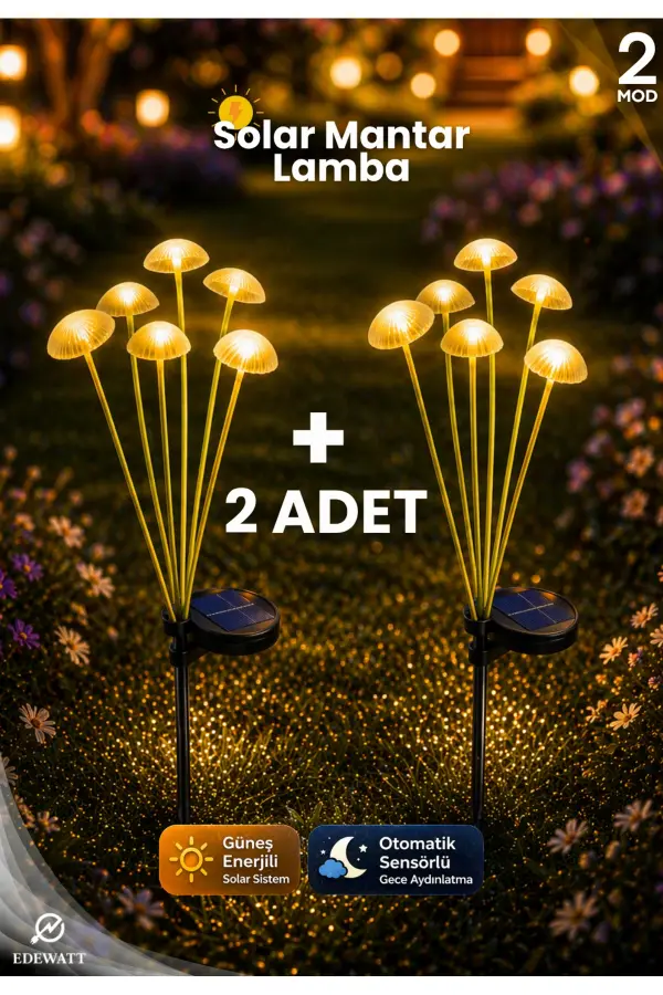 2 ADET Dekoratif Mantar Görünümlü 6lı SOLAR LED Lamba Güneş Enerjilli Su Geçirmez Bahçe Aydınlatma