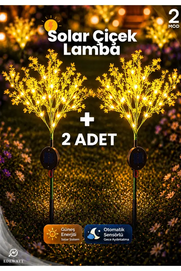 2 ADET Dekoratif Çiçek Görünümlü SOLAR LED Lamba Güneş Enerjilli Su Geçirmez Bahçe Aydınlatma